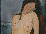 Courtauld 10 Amedeo Modigliani - Female Nude 10. Amedeo Modigliani - Female nude. 1916, 92cm x 60cm. Modiglianis nudes were shocking in their time because they are close-up in the viewers face and are about naked women and nothing more The sleepy nude painting exhibits the preciseness of the sloping torso - the rising of the shoulder to support the blushing cheek and long chin of the drooping head; the thickness of the haunch and thigh which softly take the weight of the oblique posture, upright but half-asleep..